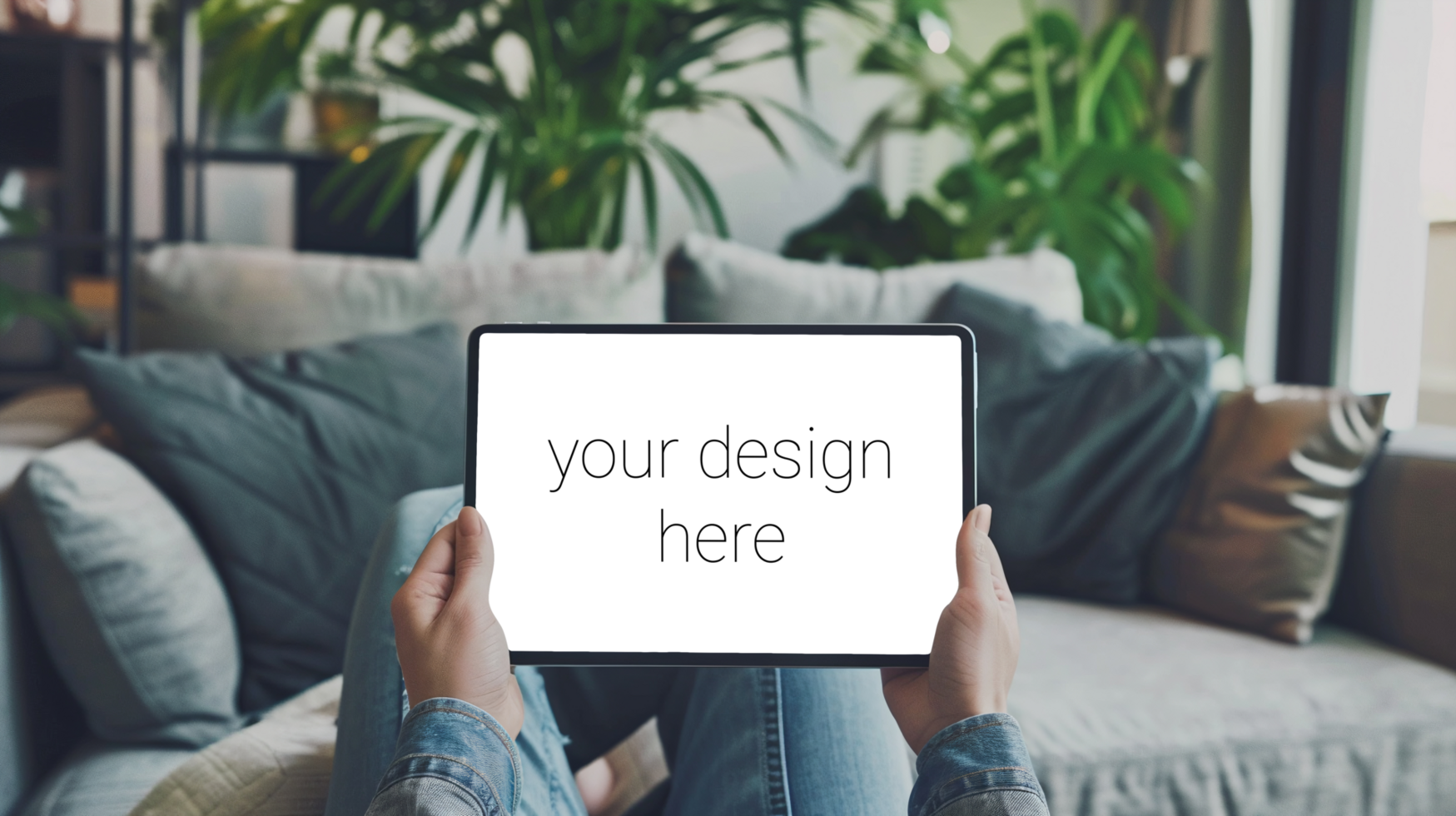 Tablet mockup. Person sits on sofa in room and holds tablet in front of him. psd