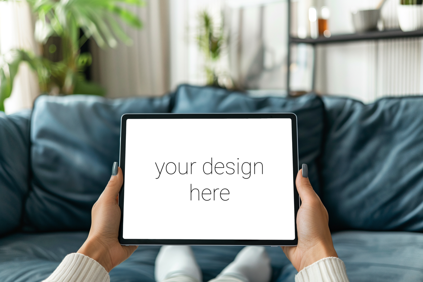 Tablet mockup. Person sits on sofa in room and holds tablet in front of him. psd