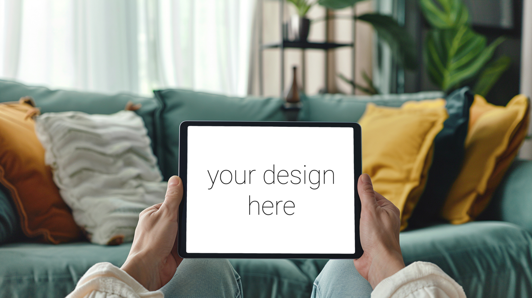 Tablet mockup. Person sits on sofa in room and holds tablet in front of him. psd