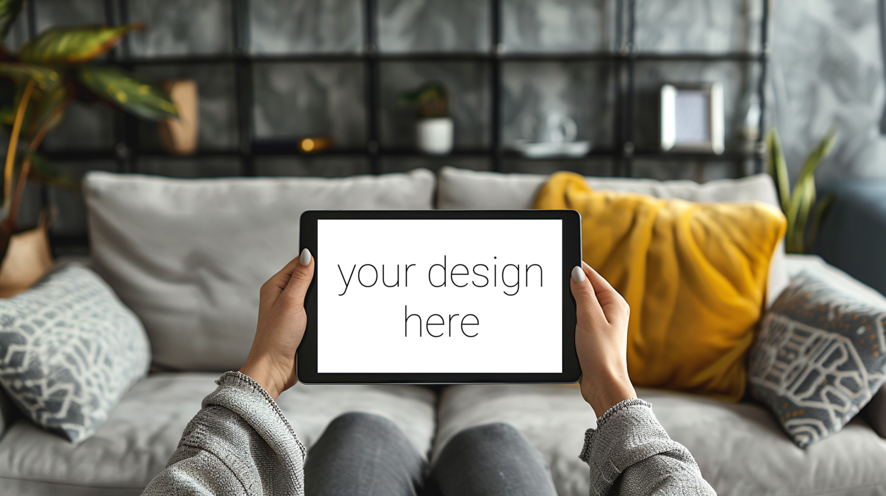 Tablet mockup. Person sits on sofa in room and holds tablet in front of him. psd