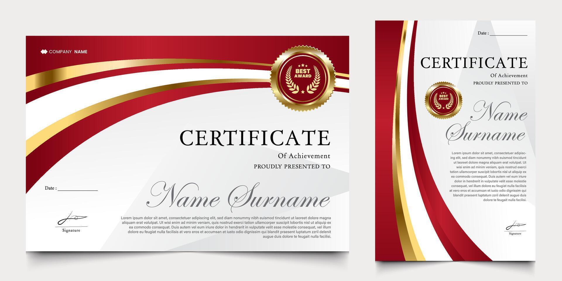 certificate with modern background of red and gold colors. graduation design elements, best employees and others. vector
