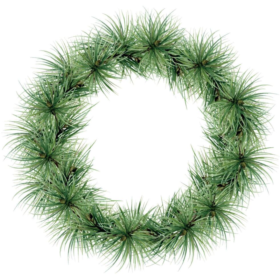 Pine tree, fir tree, spruce branches with needles. Watercolor hand drawn illustration, wreath frame isolated on white. Xmas, happy new year festive, noel navidad holiday. Cards, gifts, florist shop. vector