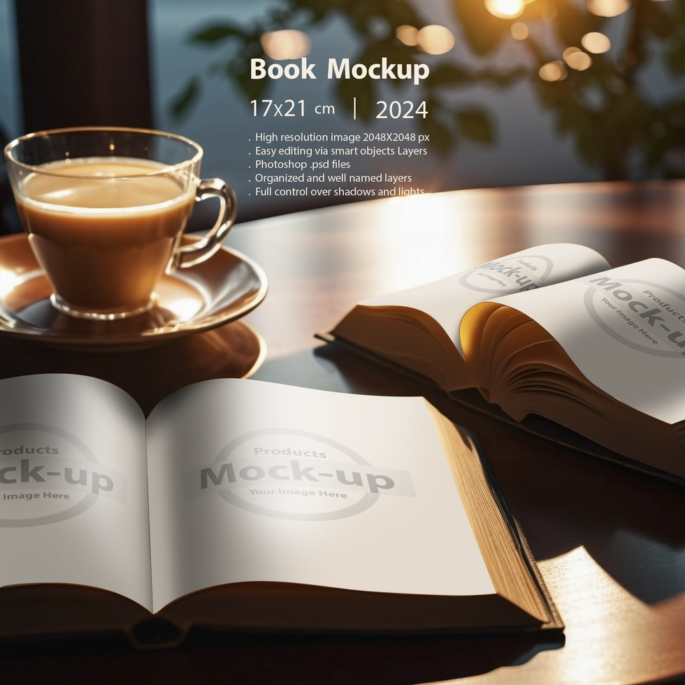Opened books on a table beside coffee cup psd