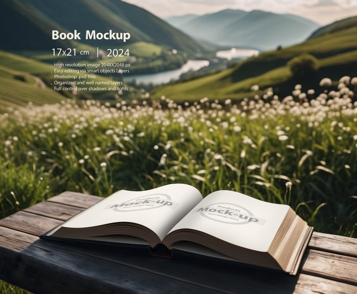 Opened book on a wooden table in front of beautiful landscape psd