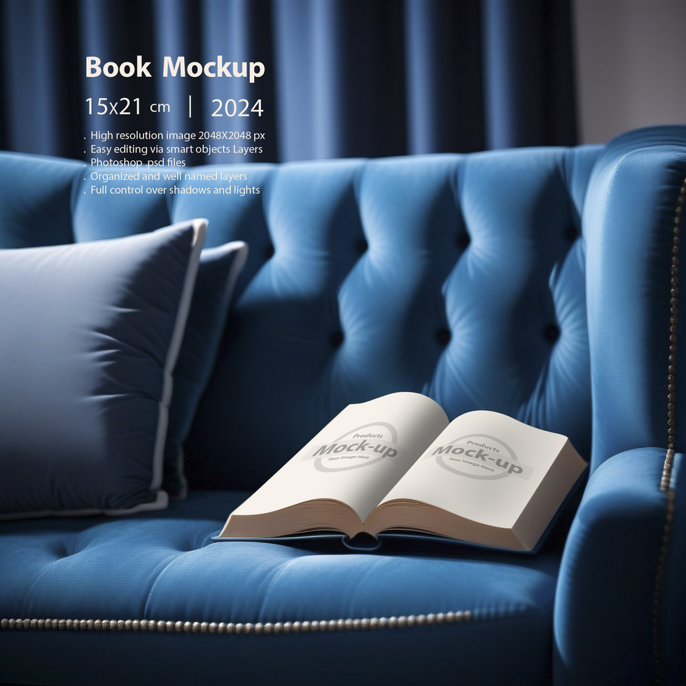 Opened book on a blue sofa psd