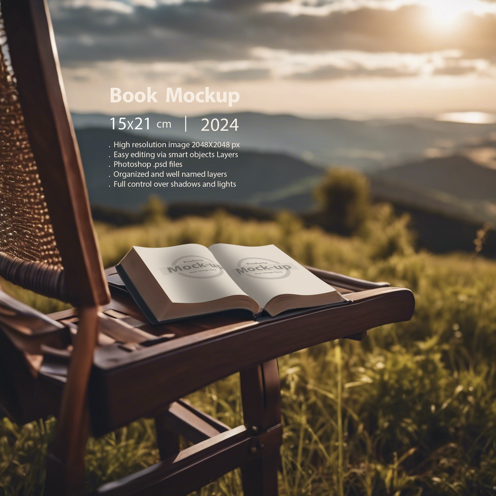 Opened book on a chair in front of beautiful landscape psd