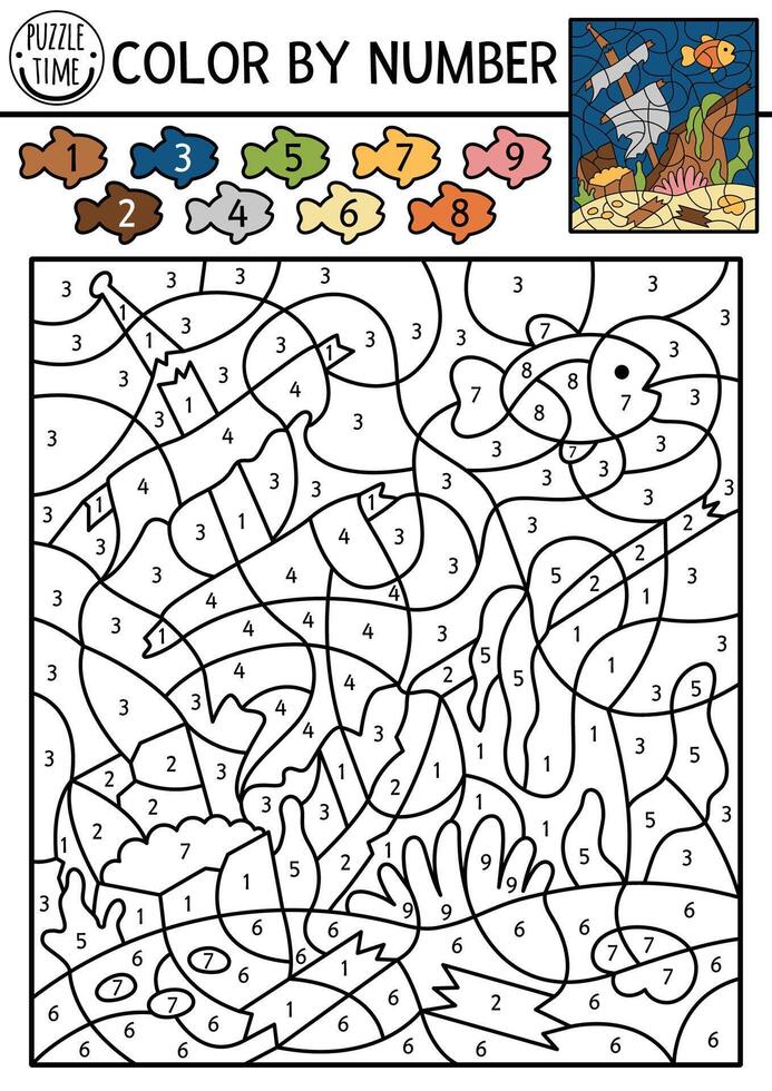 under the sea color by number activity with wrecked ship and fish. Ocean life scene. Black and white counting game with ruined boat. Coloring page for kids with underwater landscape vector
