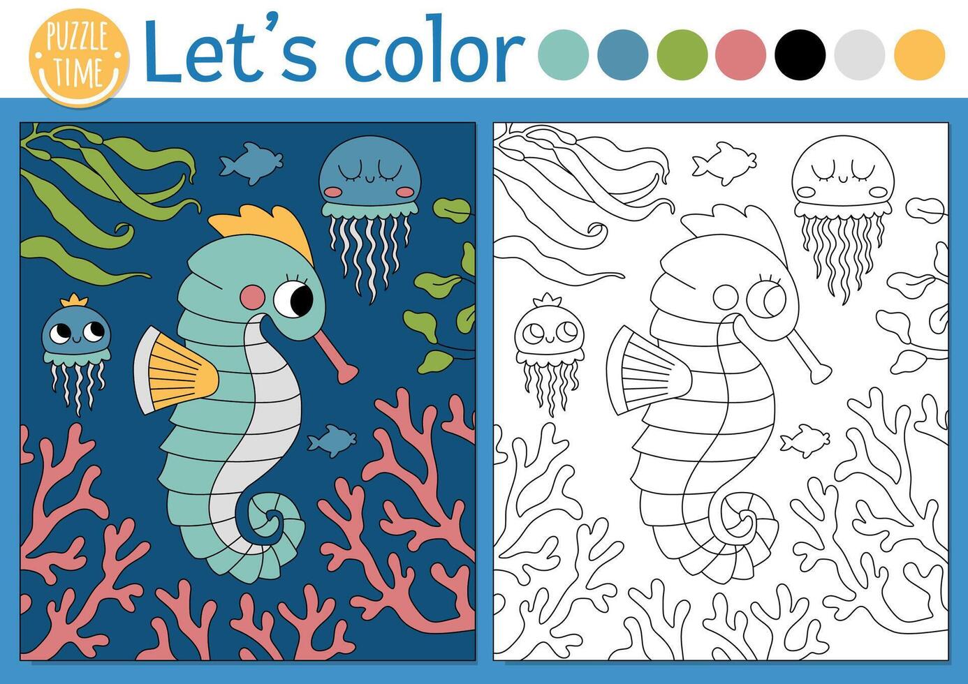 Under the sea coloring page for children with seahorse underwater scene. ocean life outline illustration. Color book for kids with colored example. Drawing skills printable worksheet vector