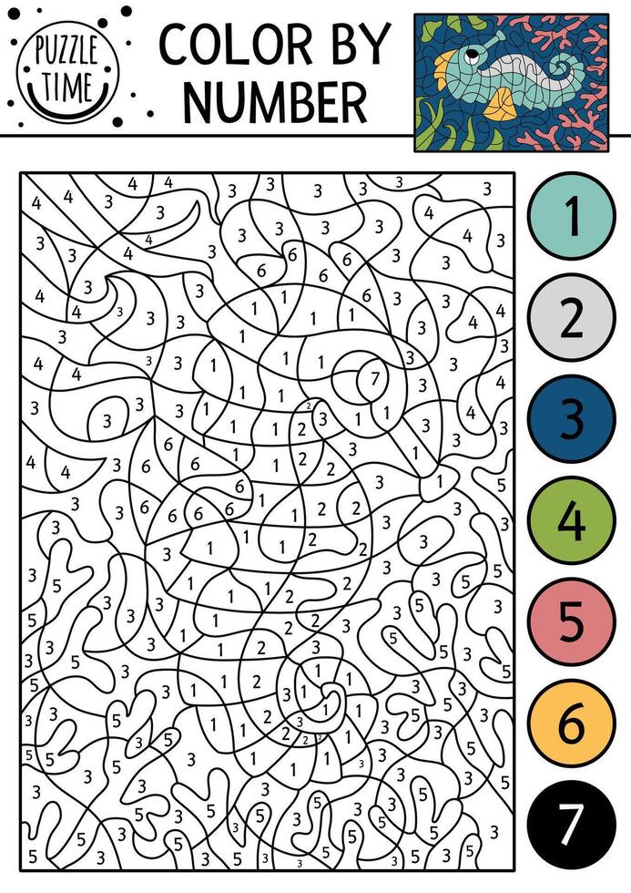 under the sea color by number activity with seahorse and corals. Ocean life scene. Black and white counting game with water animal. Coloring page for kids with underwater landscape vector