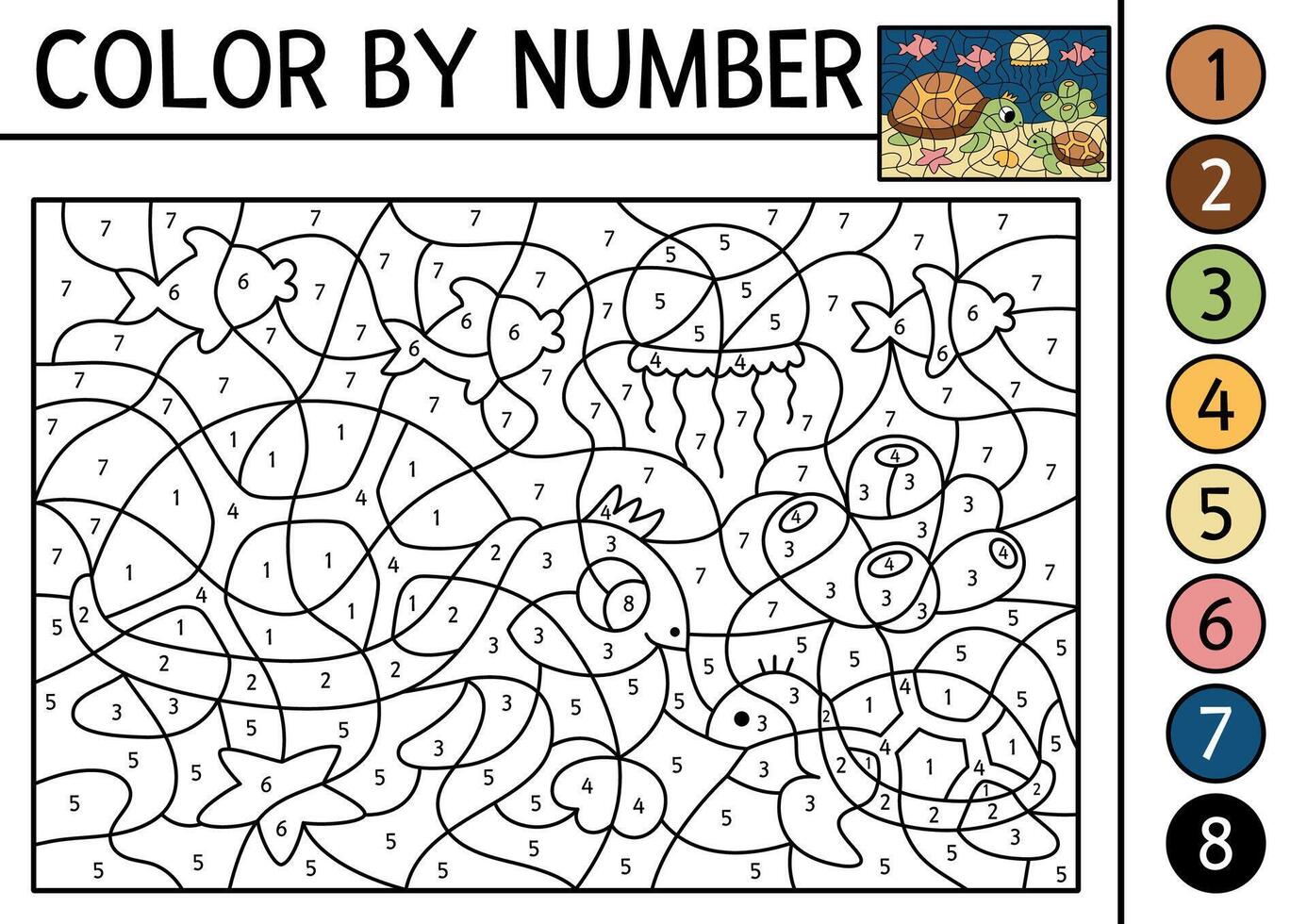 under the sea color by number activity with turtle and baby. Ocean life scene. Black and white counting game with water animal. Coloring page for kids with underwater landscape vector