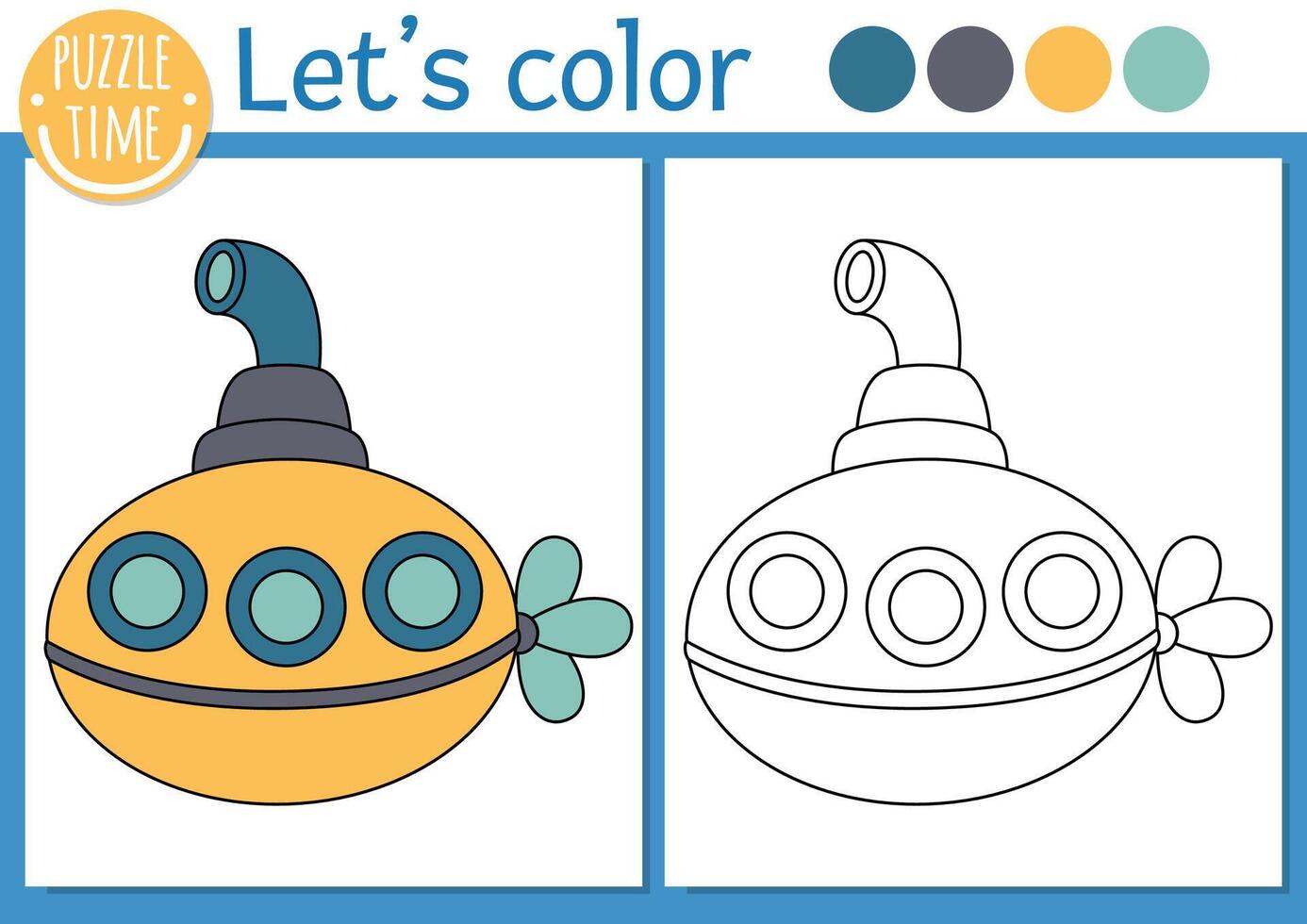 Under the sea coloring page for children with submarine. ocean life outline illustration with underwater boat. Color book for kids with colored example. Drawing skills printable worksheet vector