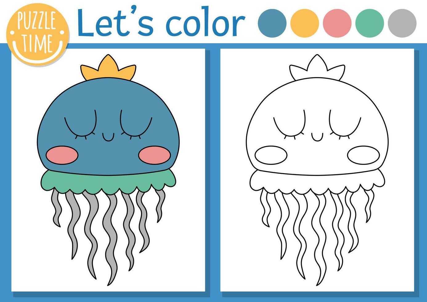 Under the sea coloring page for children with jellyfish. ocean life outline illustration with cute water animal. Color book for kids with colored example. Drawing skills printable worksheet vector