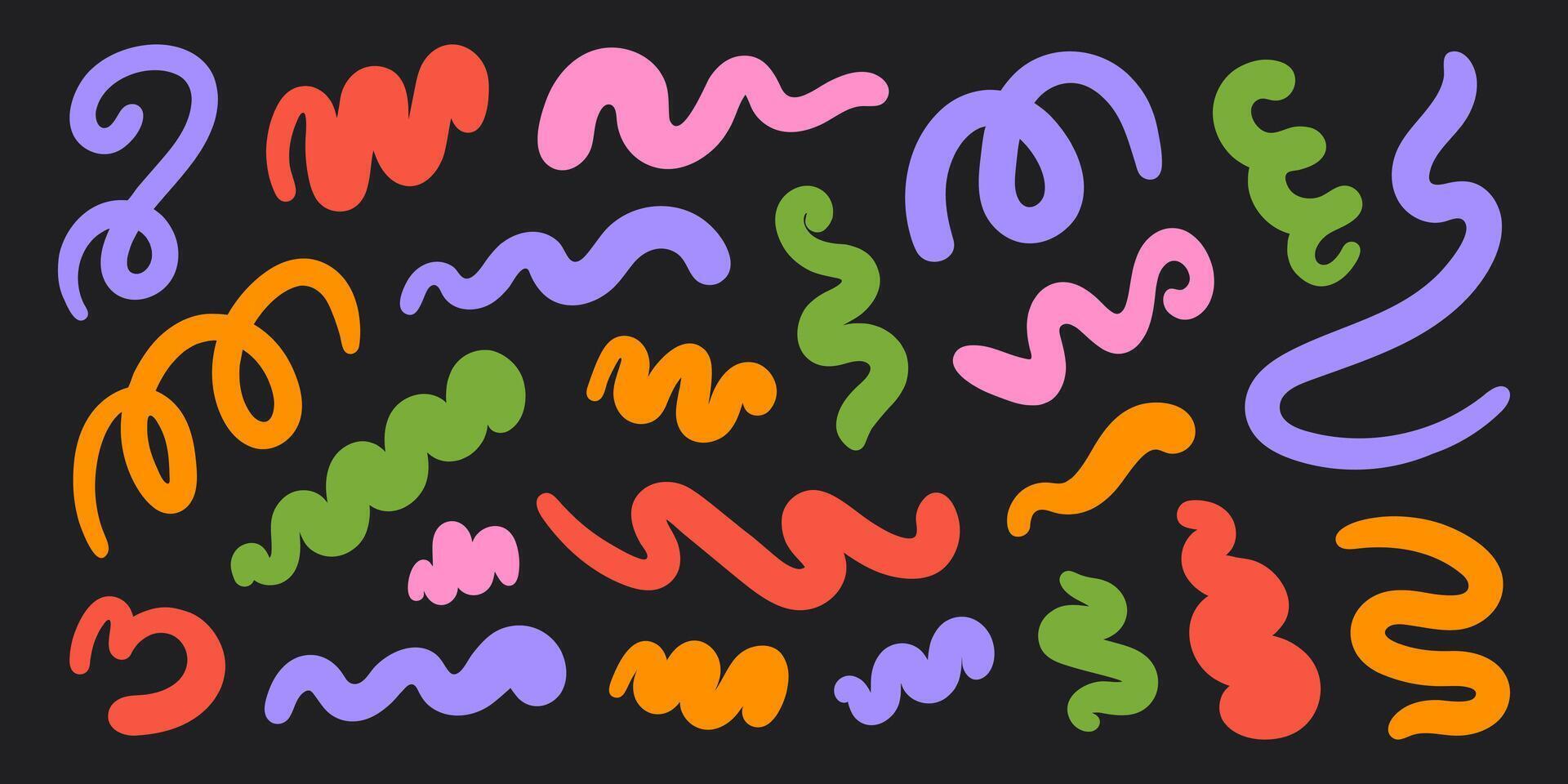Abstract set colorful wavy retro groovy shapes on a black background vector