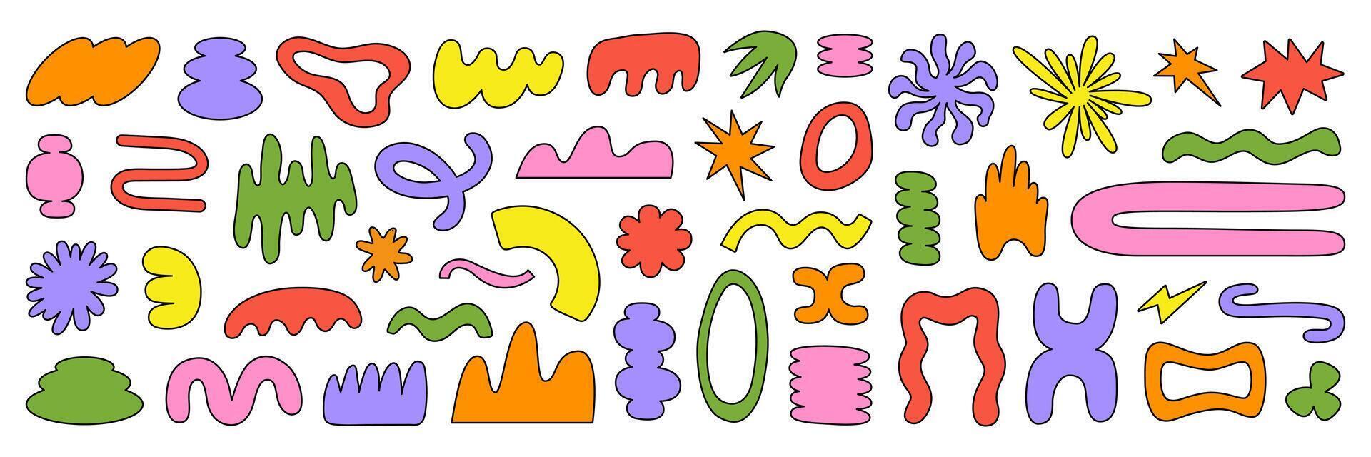 Abstract organic shapes with bright geometric cutting doodles. Trendy random shapes. vector