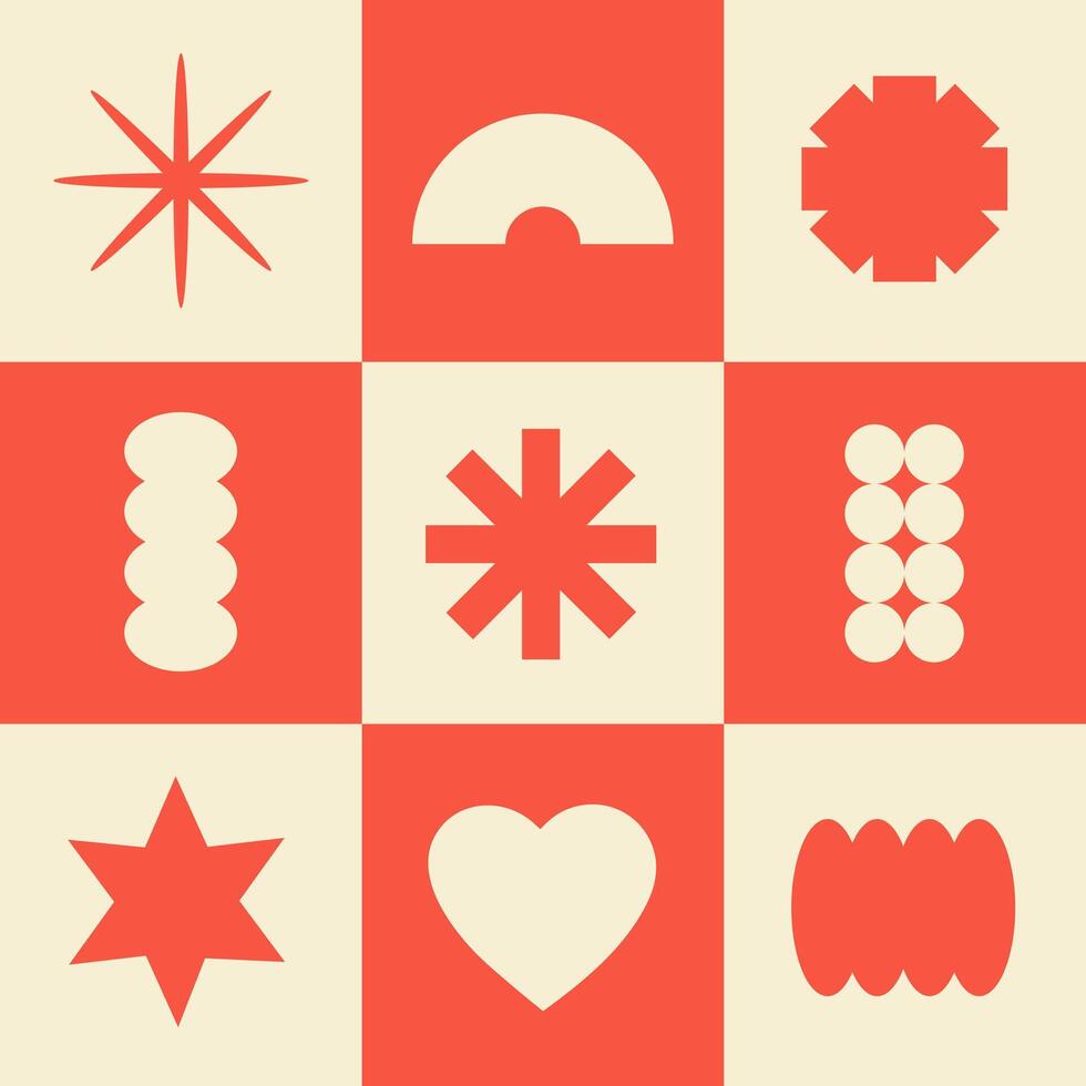 Abstract seamless pattern with simple geometric shapes. Brutal background in style y2k, 00s. Red and beige colors. Modern collage vector