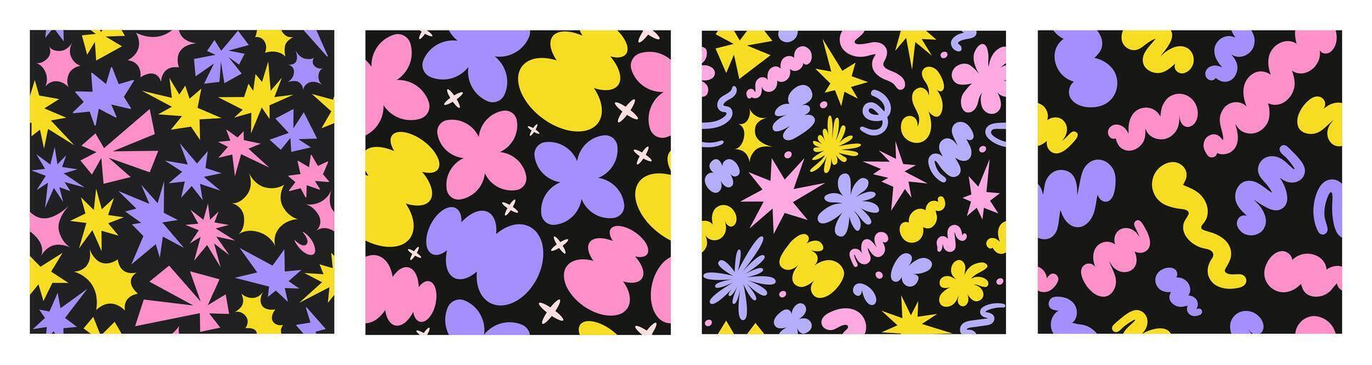 Abstract set seamless patterns with colorful retro groovy shapes on a black background vector