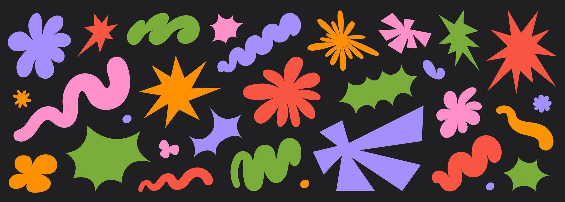Abstract set colorful retro groovy shapes on a black background. Trendy geometric cosmic starburst forms vector