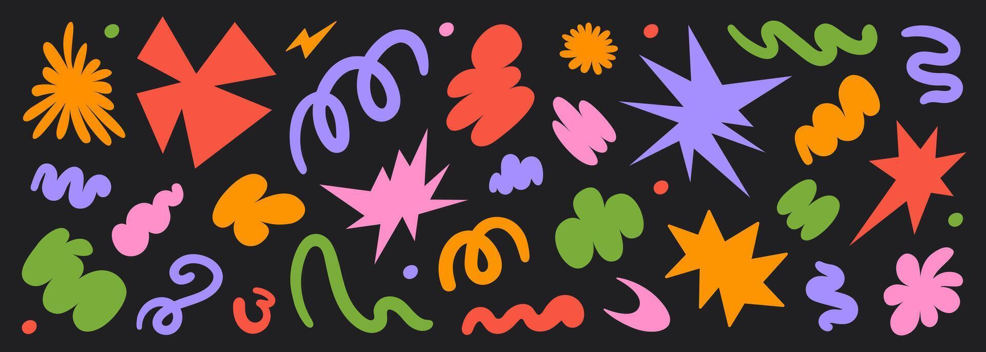 Abstract set colorful retro groovy shapes on a black background. Trendy geometric cosmic starburst forms. vector