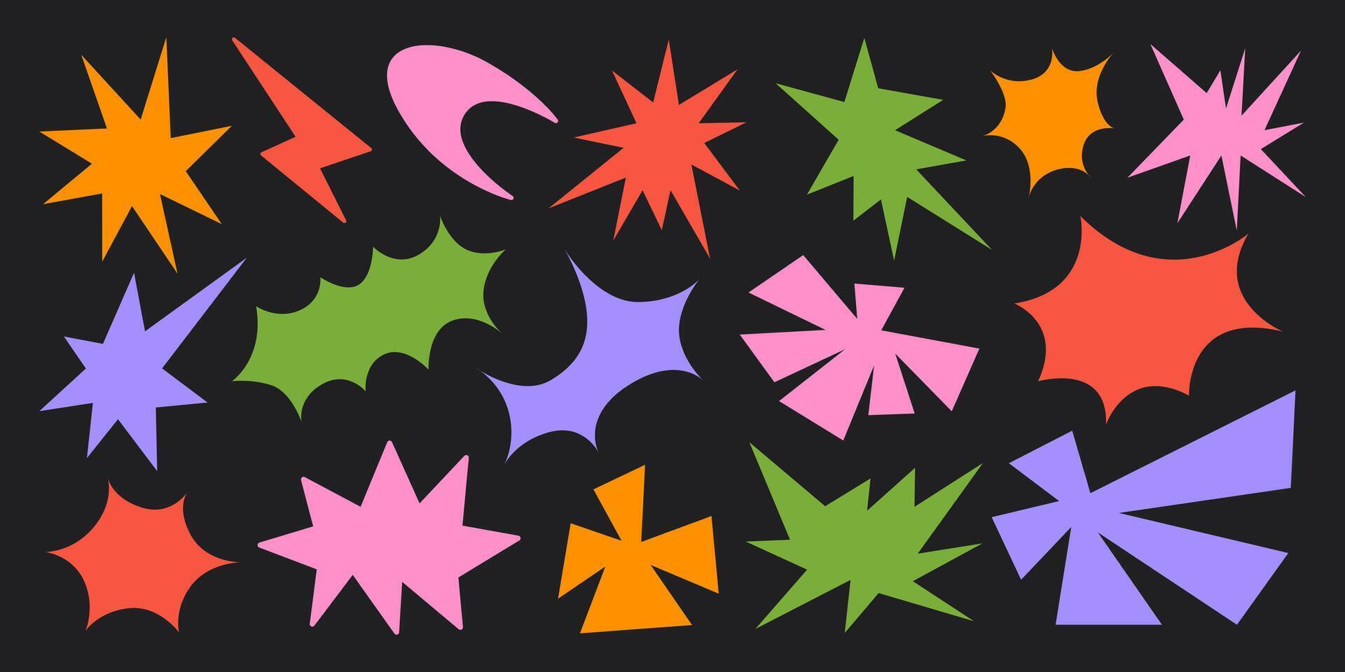 Abstract set colorful retro funky shapes on a black background. Trendy geometric cosmic starburst forms. vector