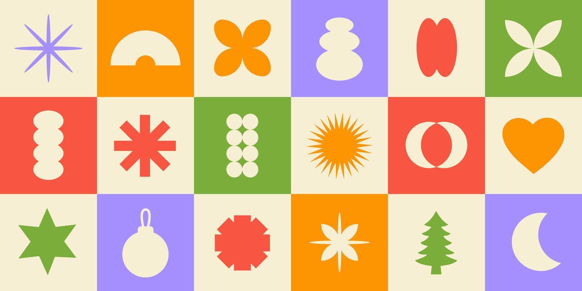 Trendy set of abstract geometric shapes. Bright brutal christmas icons. Various geometric figures vector