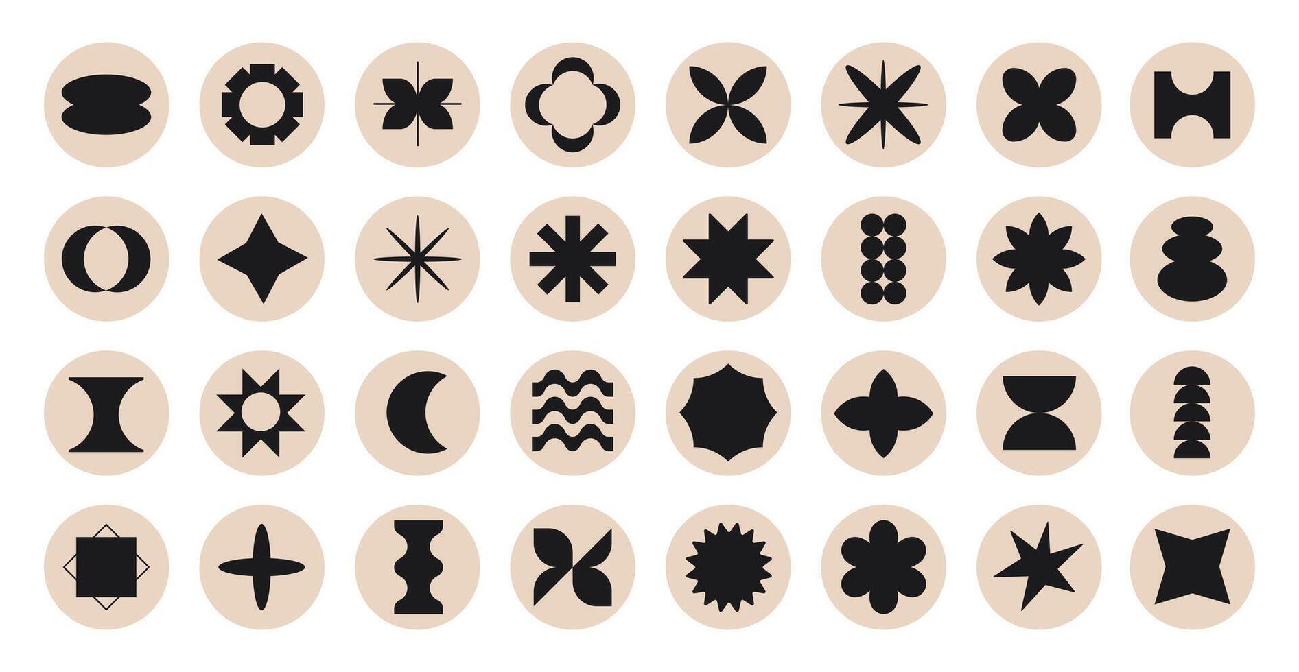 Big set of round geometric retro stickers. Trendy y2k brutal contemporary icons. Various geometric figures. vector