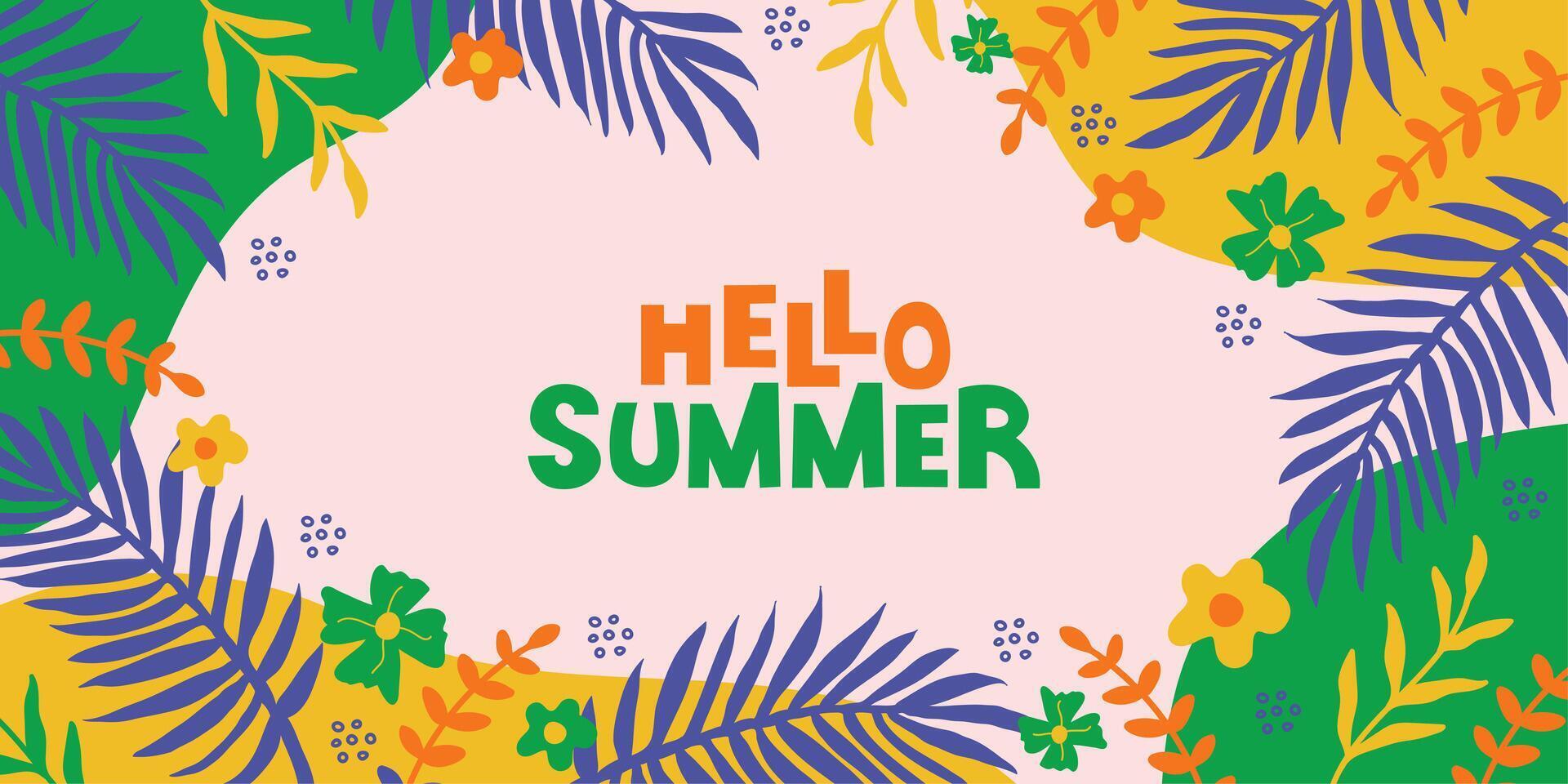 Hello summer horizontal banner. Colorful botanical background with exotic plant, flowers, palm leaves. vector