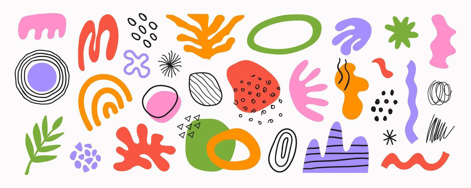Abstract set natural organic shapes on a white background. Trendy doodle bundle with summer hand drawn plant leaf and tropical shapes vector