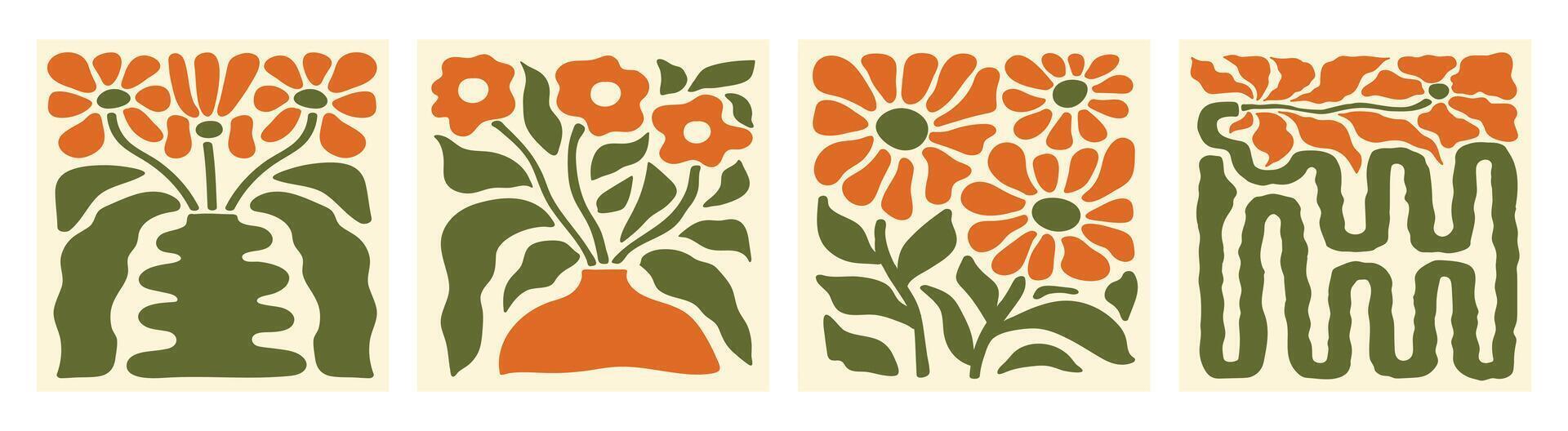 Abstract botanical set square posters with various blossom groovy flowers. Naive art decor. vector