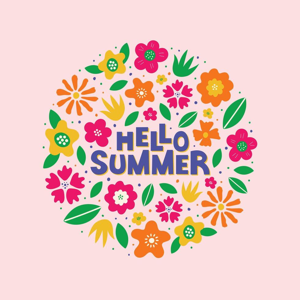 Hello summer square banner. Colorful botanical background with groovy flowers and leaves. vector