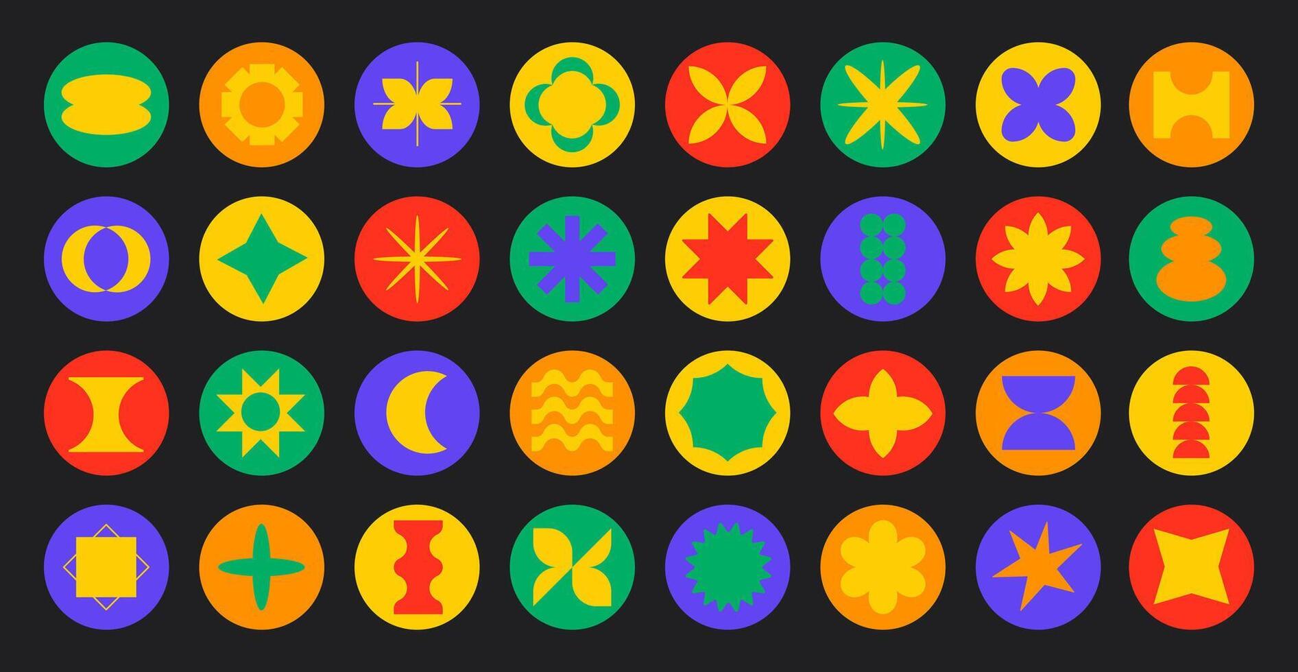 Big set of round retro stickers. Trendy y2k icons with abstract colorful shapes vector
