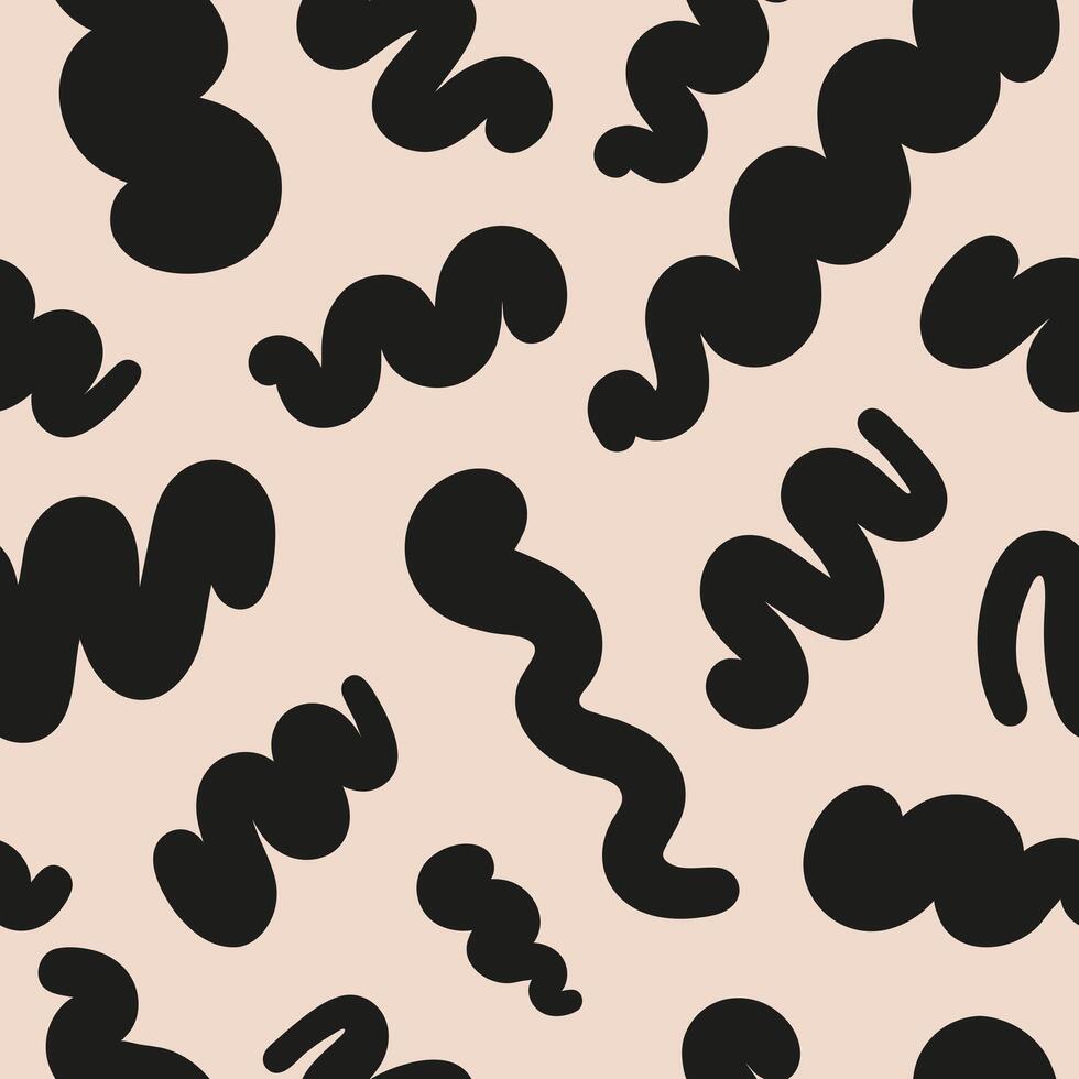 Abstract seamless pattern with black wavy retro groovy shapes on a beige background vector