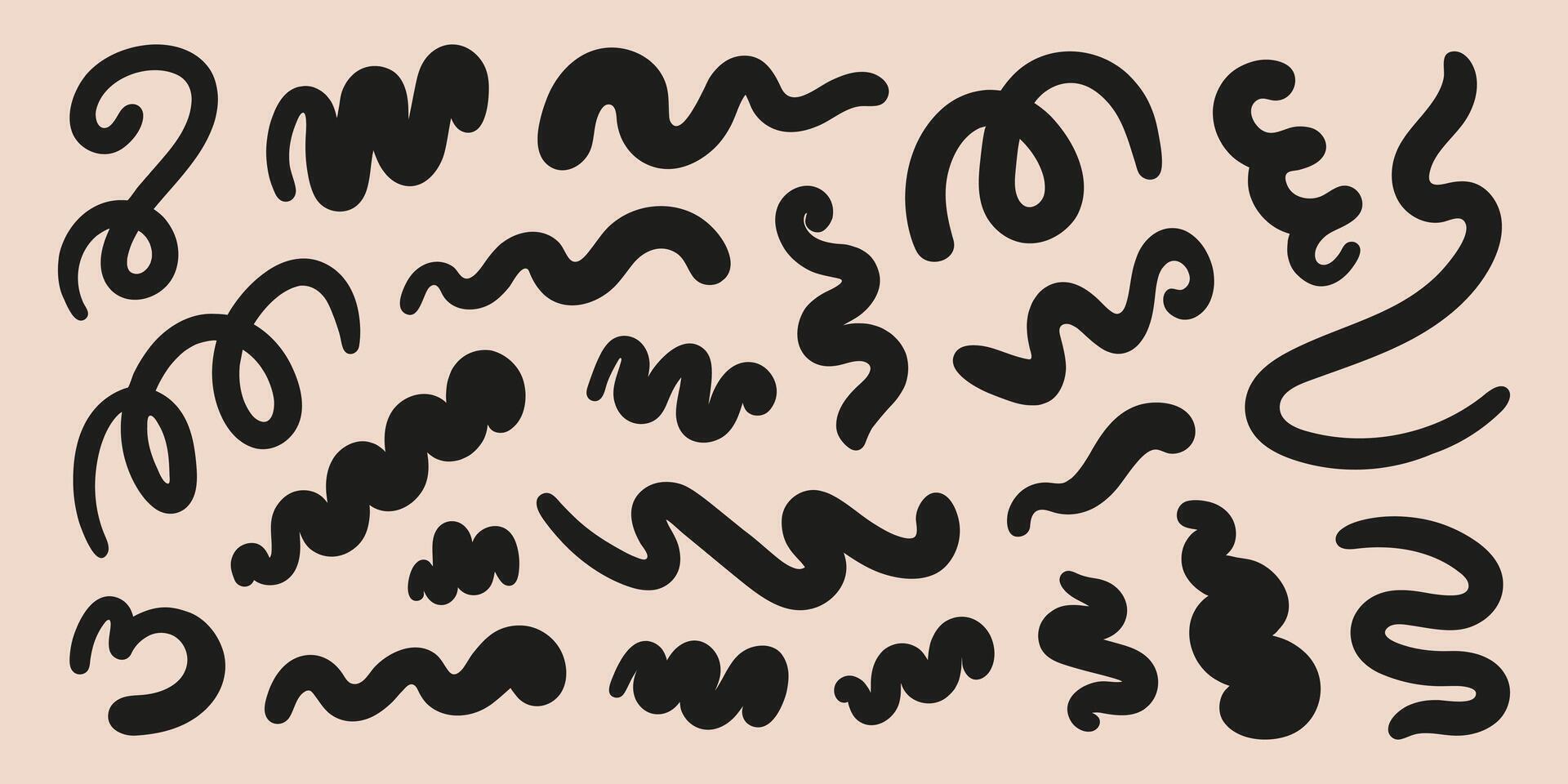 Abstract set black wavy retro groovy shapes on a beige background vector