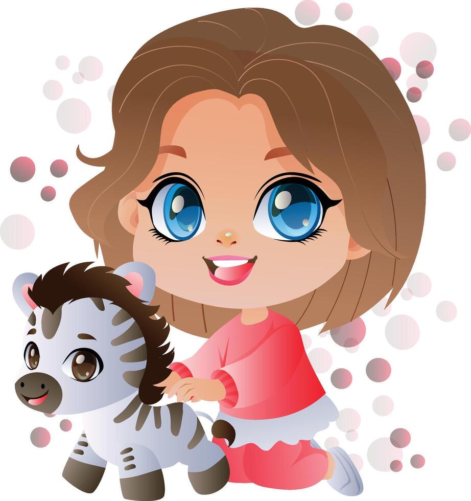 happy girl kids cute playing wwith zebra toys cartoon character vector