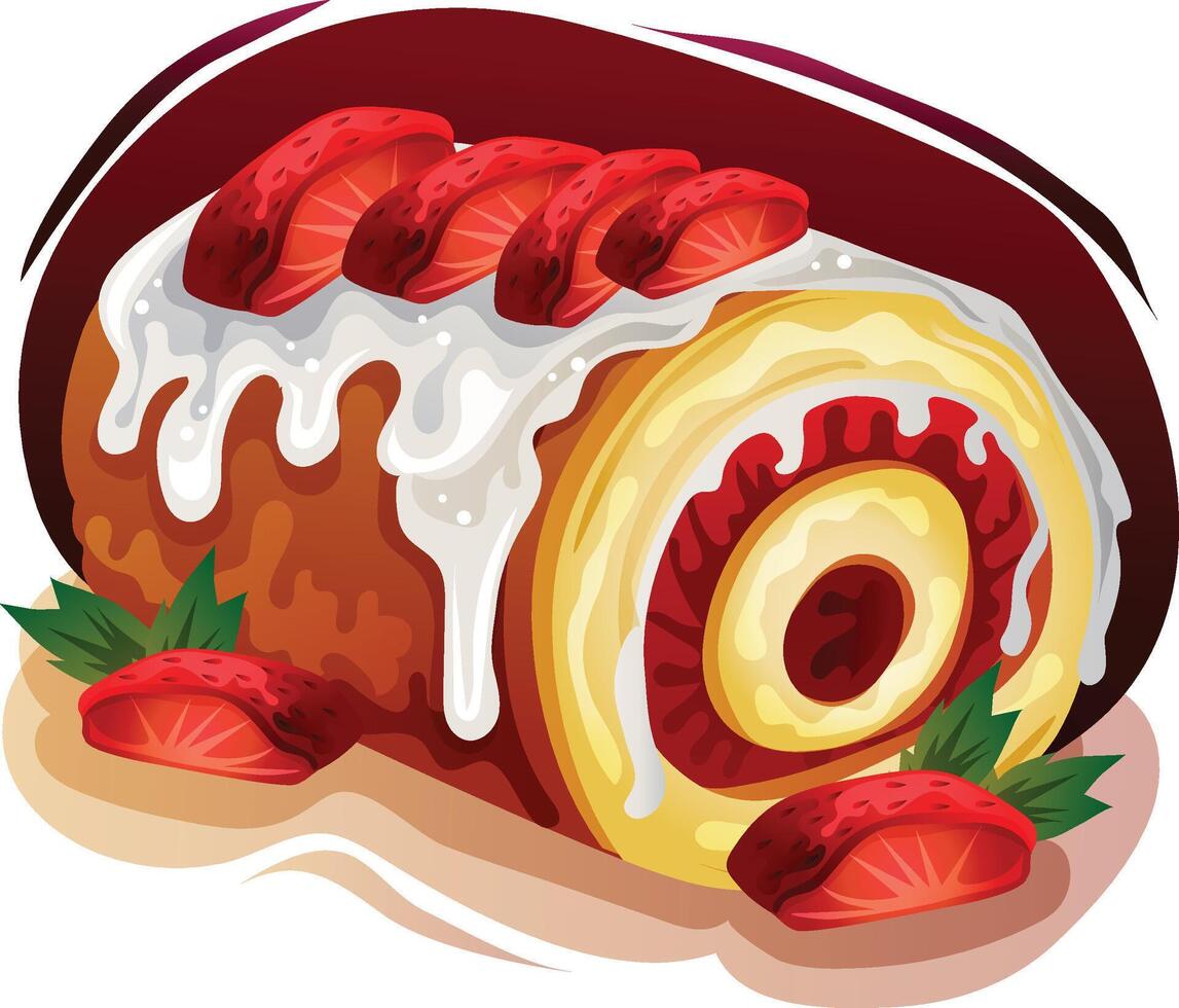 delicious strawberry swiss roll cake vector