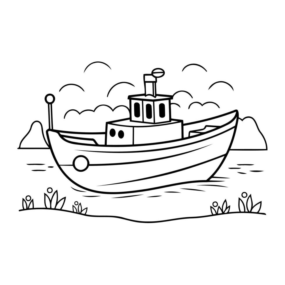 Clean and cute boat outline icon in simple line art style, perfect for coloring and design. vector