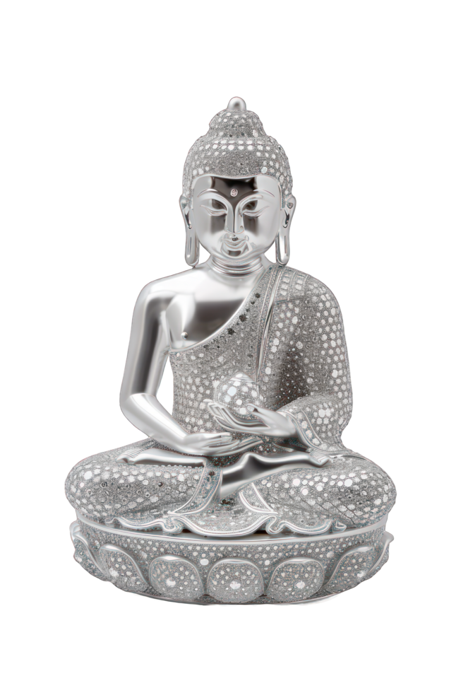 Shiny Silver Buddha Statue in Meditation Pose with Intricate Details png