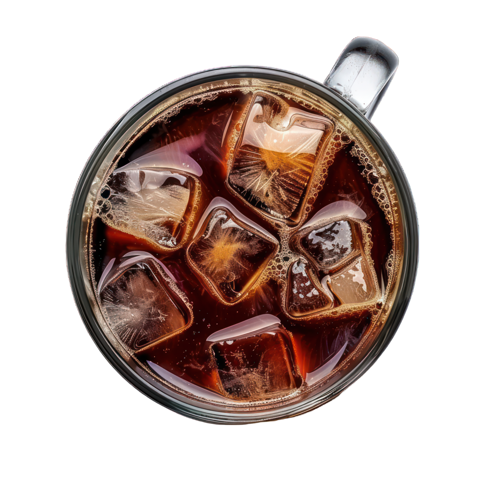 A glass of iced coffee with ice cubes in it png
