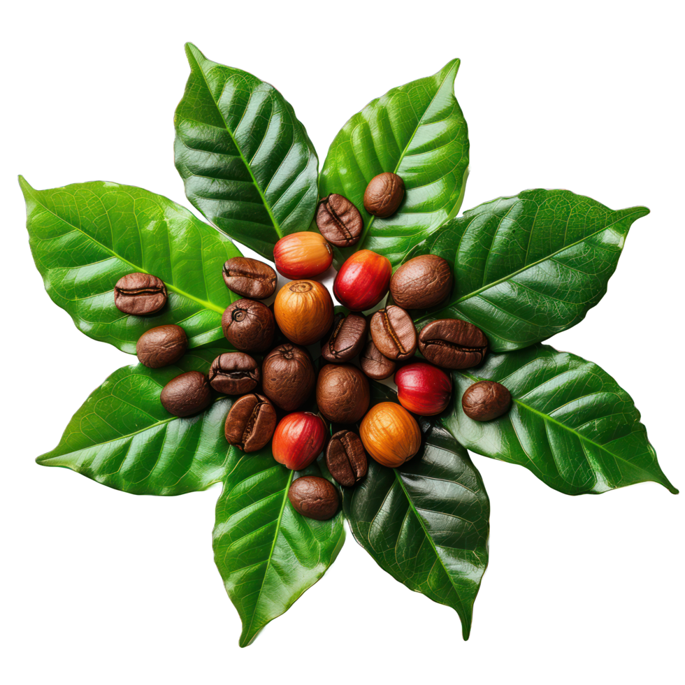 A close up of coffee beans on a leaf. The beans are small and brown, and they are scattered around the leaf png