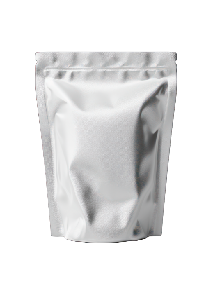 Silver Pouch Packaging - Flexible Foil Bag, Standup Container, Reusable Ziplock, Minimalist, Blank Mockup, Product Storage, Clean and Modern Design png