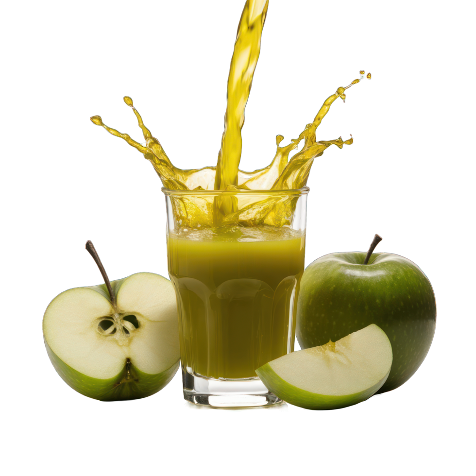 Apple Juice Splash in a Glass with Fresh Whole and Sliced Green Apples png