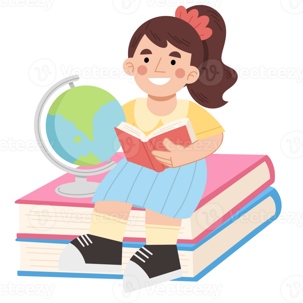 Girl child studying and reading book png