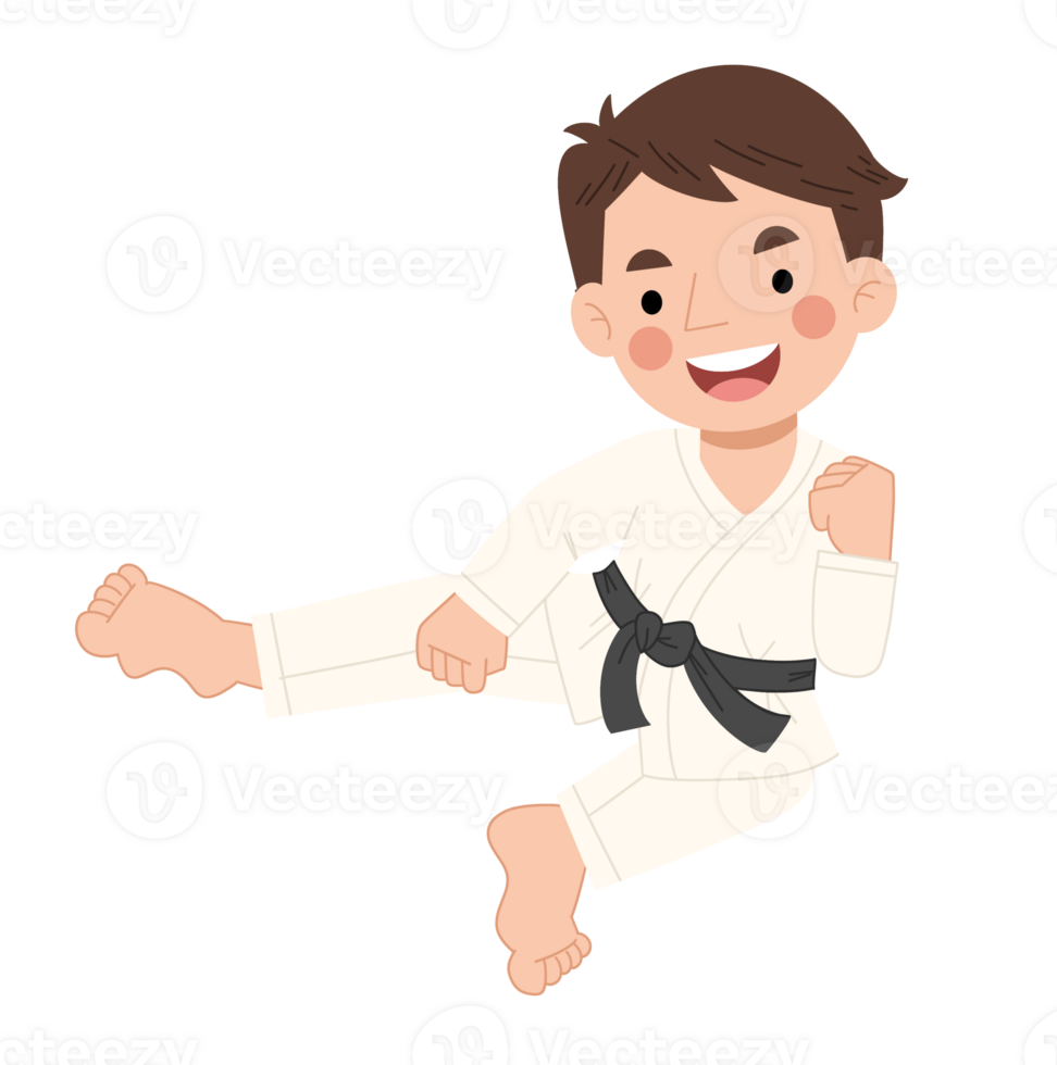 Boy practicing karate kicking pose cartoon illustration png