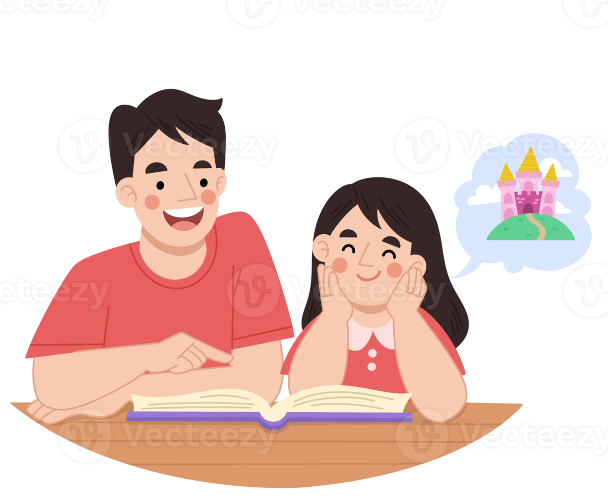 Father reading story book to daughter cartoon illustration png