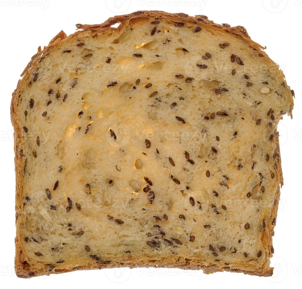 Square piece of wheat flour bread with flax seeds on isolated background photo