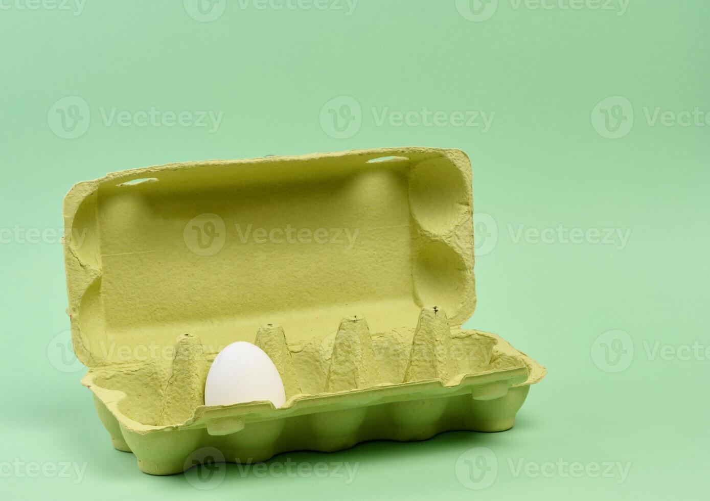 One white egg in a paper box on a green background photo