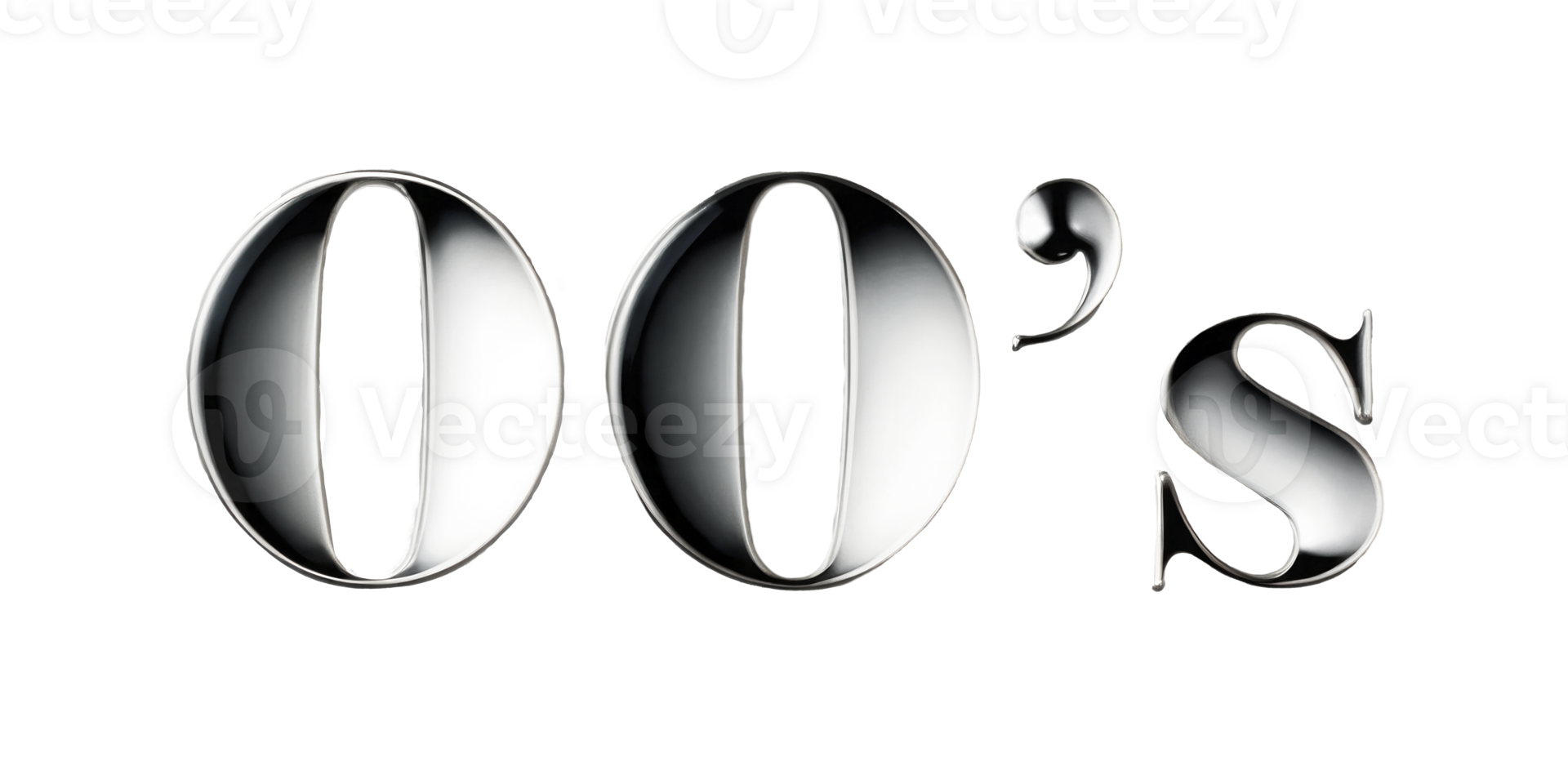 Volumetric chrome inscription 00s isolated on a transparent background. Shiny metal 3D element in Y2K style, silver color. png