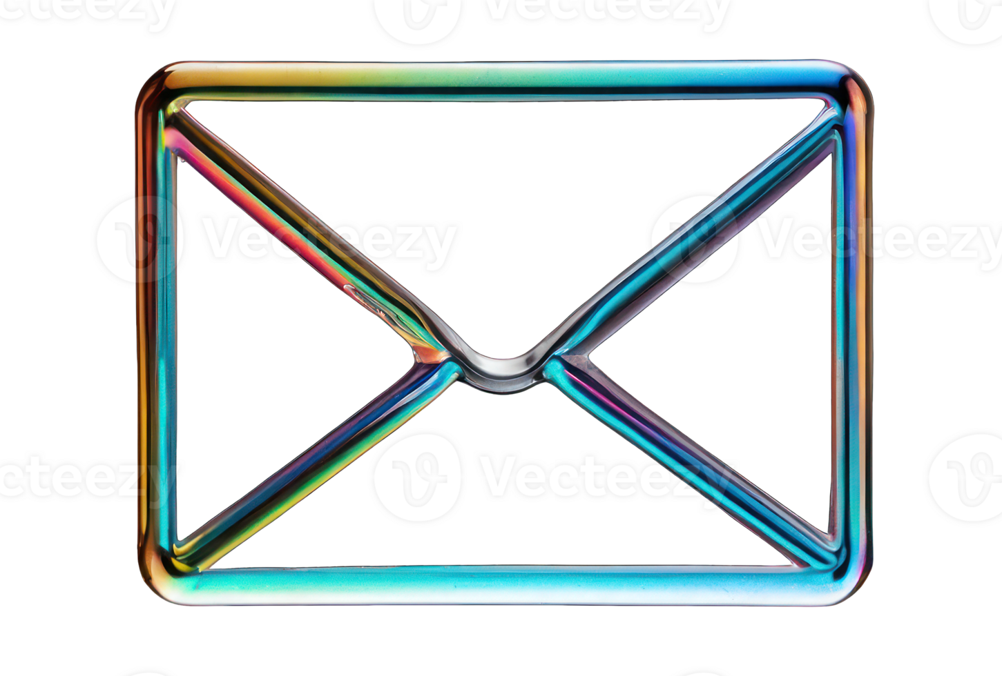 A shining chrome outline of an envelope isolated on a transparent background. 3D holographic element in Y2K style, molten metal, icon. png