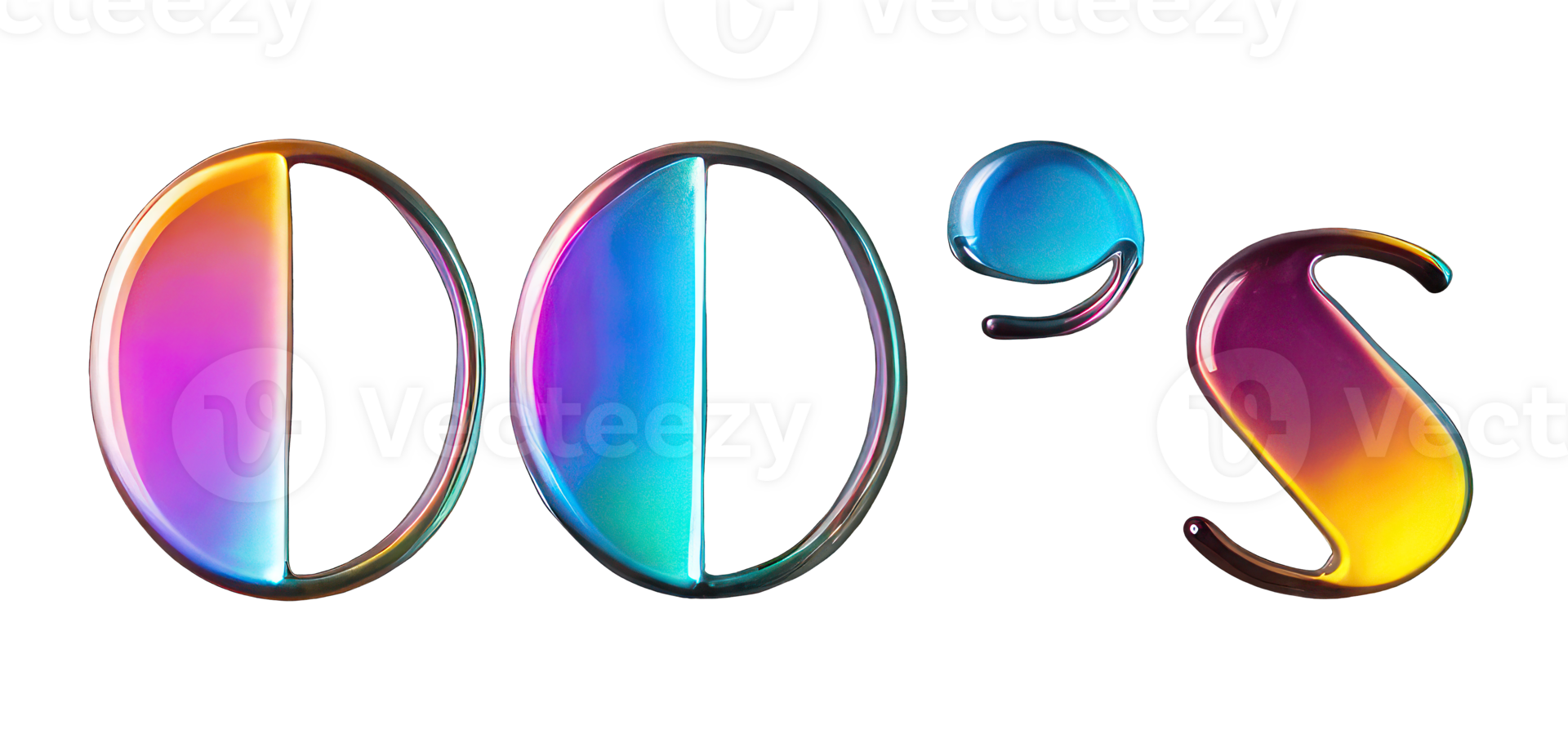 Holographic neon chrome lettering 00's isolated on a transparent background. Shiny metal 3D element in Y2K style, glossy texture. png