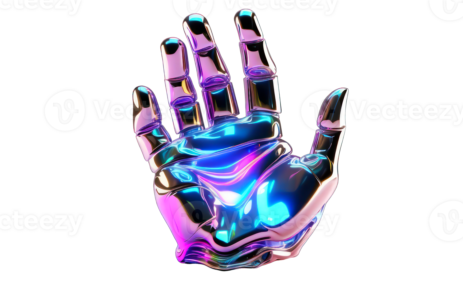 Holographic rainbow figure, metallic sparkling volumetric element isolated on a transparent background, image. Hand shape, melting metal. png