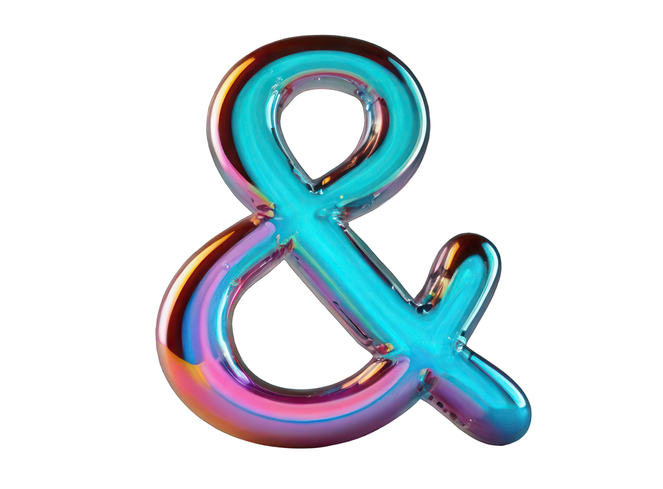 Holographic 3D ampersand sign in Y2K style with liquid glass or metal texture on a transparent background. element in retro style, molten chrome. png